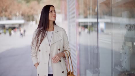 Smiling-stylish-woman-walking-past-a-shop