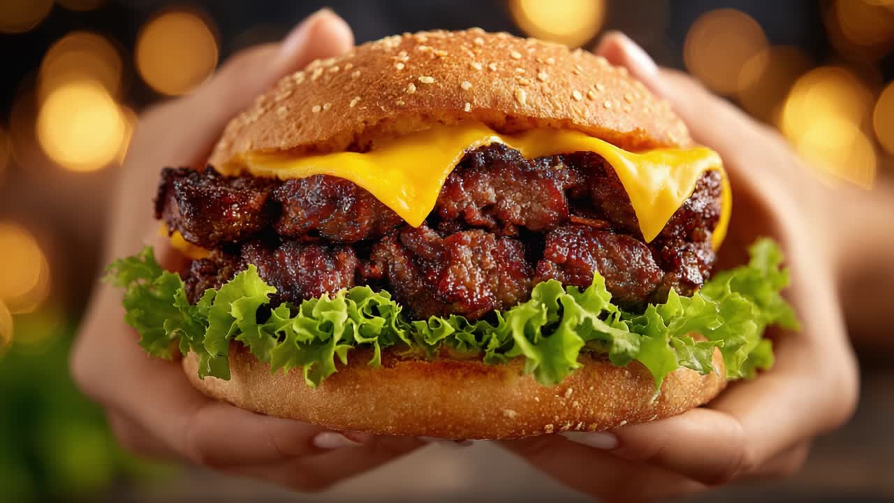 Deliciously Grilled Burger with Melted Cheese, Fresh Lettuce, and Mouthwatering Beef Patties Set Against a Soft Golden Bun and Blurry Ambient Lights