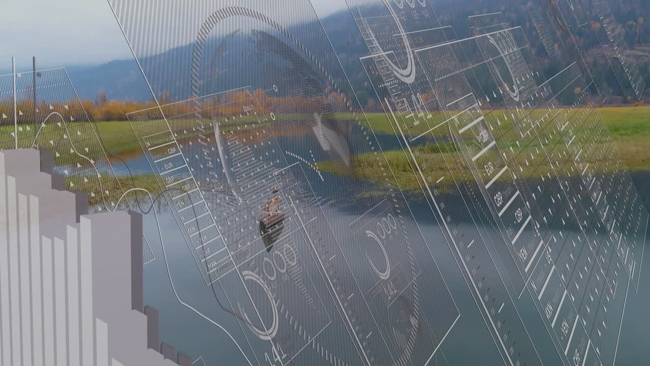 Animation of digital data graphics overlaying serene landscape with river and mountains