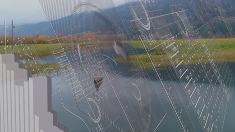 animation of digital data graphics overlaying serene landscape with river and mountains