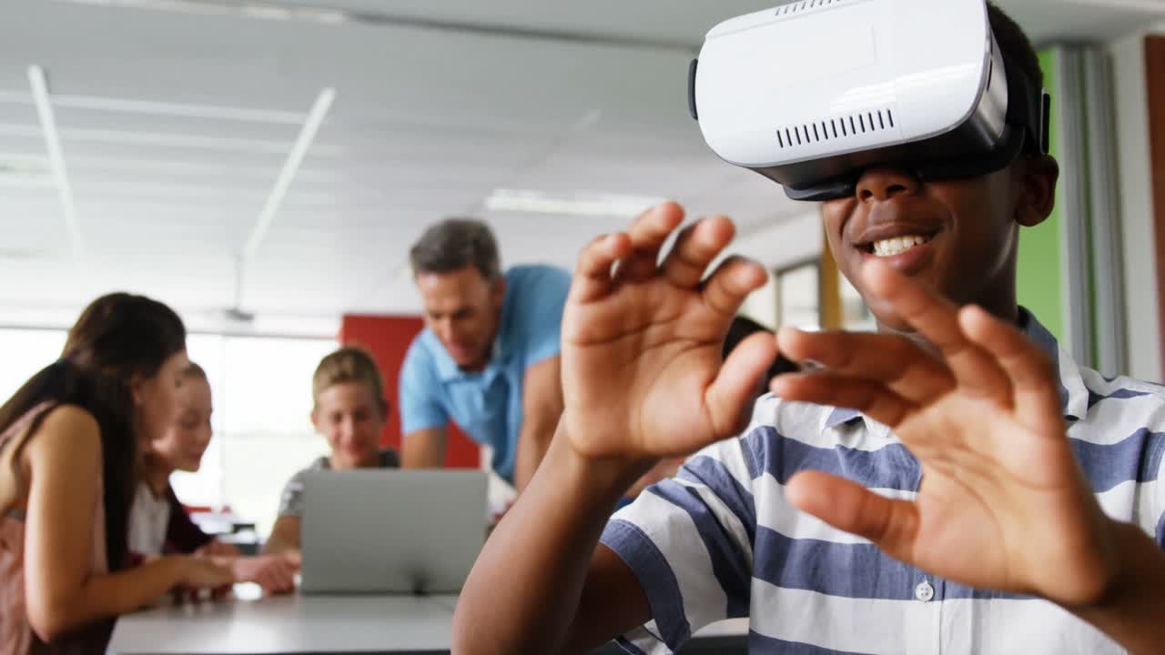 Schoolboy using virtual reality headset 4k
