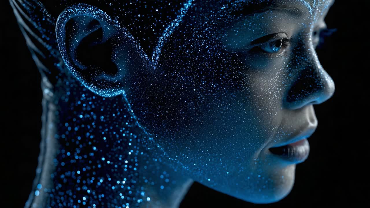 A mesmerizing portrayal of a luminous face adorned with shimmering blue particles, highlighting ethereal beauty and artistic expression in a dark, dramatic setting