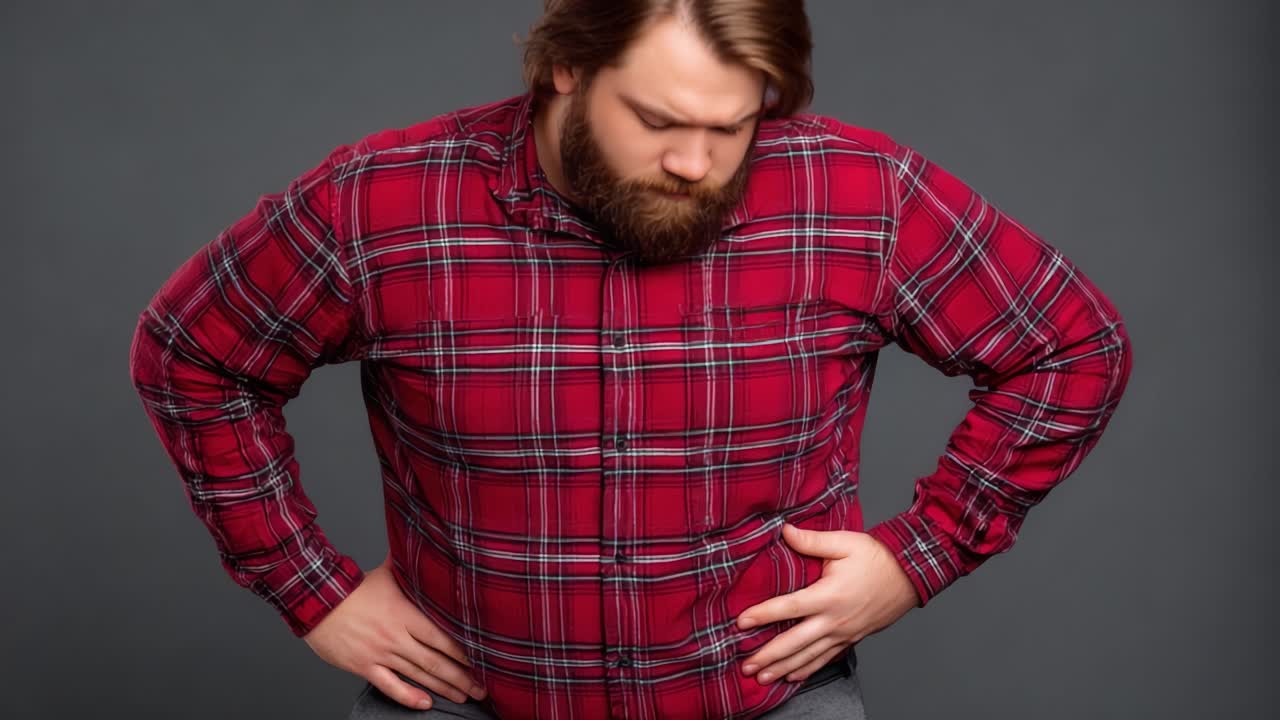Man in Red Plaid Shirt Experiencing Discomfort: A Visual Exploration of Body Language and Emotional Expression in Neutral Background