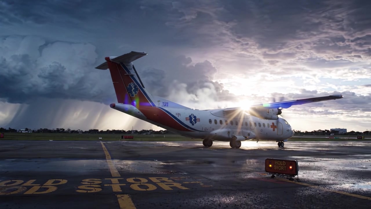 Un Aereo Medico sulla Pista Sotto Cieli Drammatici: Un Aereo di Risposta alle Emergenze Pronto all'Azione in un Contesto Meteorologico in Evoluzione.
