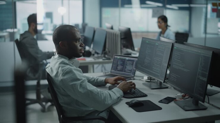 Authentic Office: Enthusiastic Black IT Programmer Starts Working on Desktop Computer. Male Website Developer, Software Engineer Developing App, Video Game. Terminal with Coding Programming Language