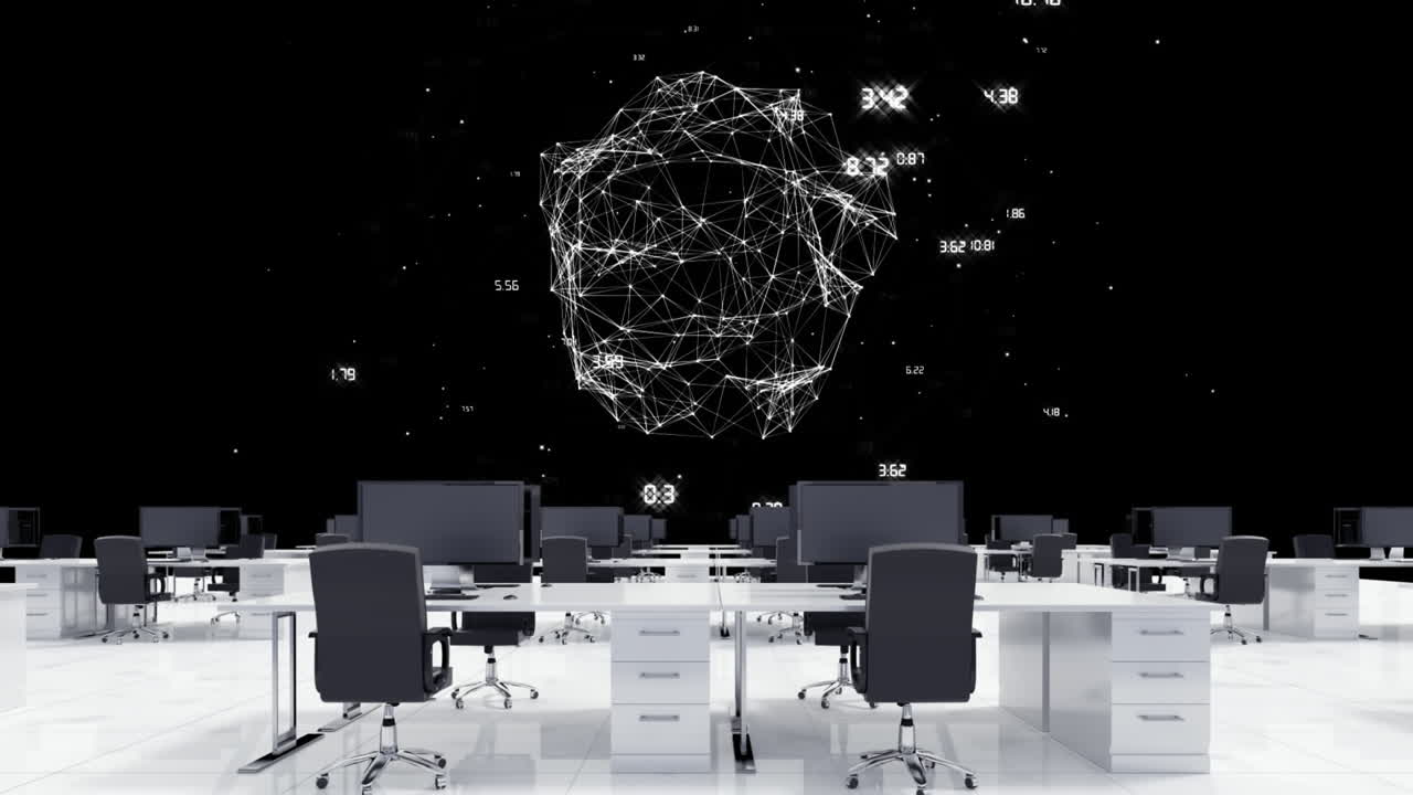 Empty office against globe of network of connections on black background