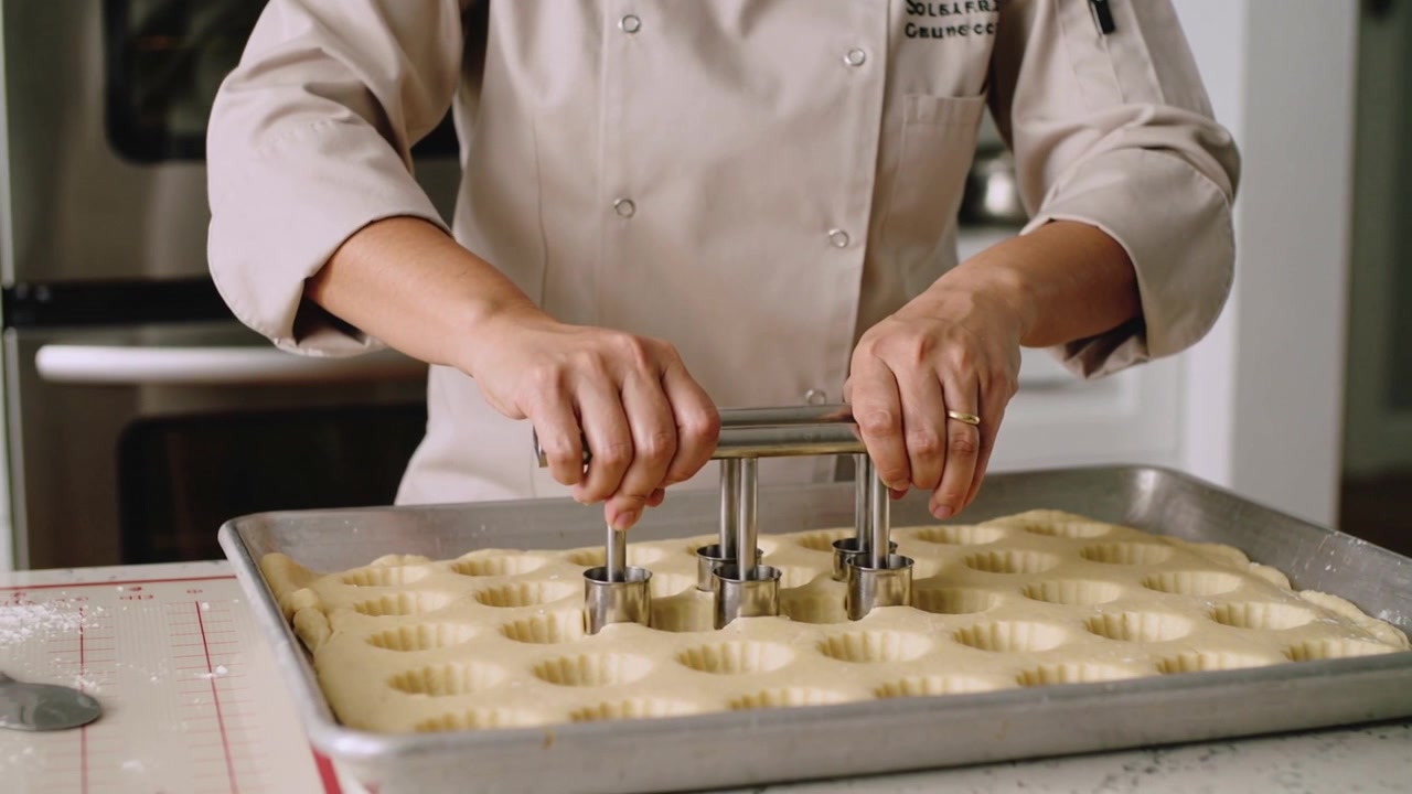 Positioning baker in light coat pressing moving tri-cup tool in kitchen, making molds on sheet pan
