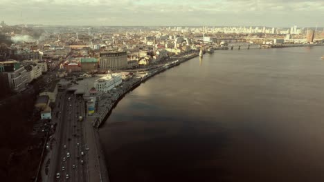 aerial drone view. view of the dnieper river and the podil district in kiev.