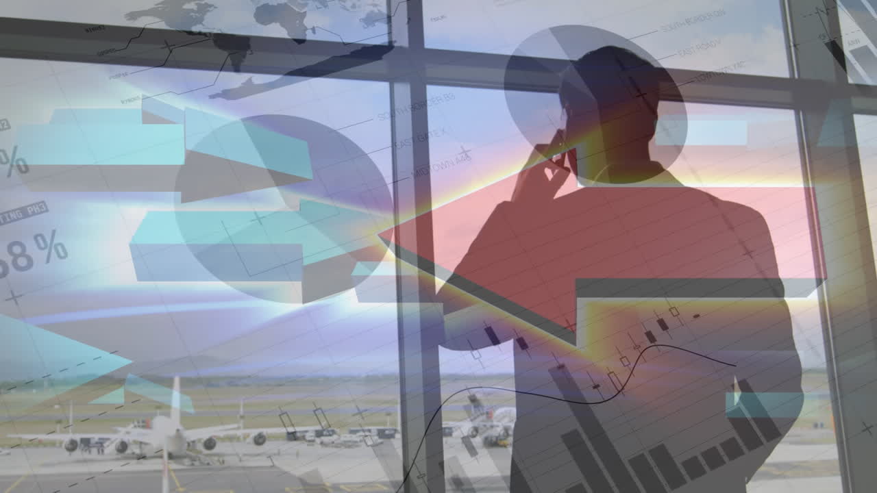 animación de un hombre hablando por teléfono en un aeropuerto sobre las estadísticas que se muestran en el fondo.