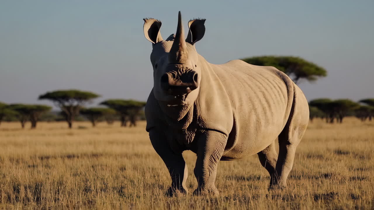 A White Rhino in the African Savanna at Sunset