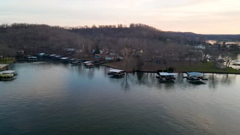 lakeside boat marinas in missouri mountains by ozark reservoir lake, aerial