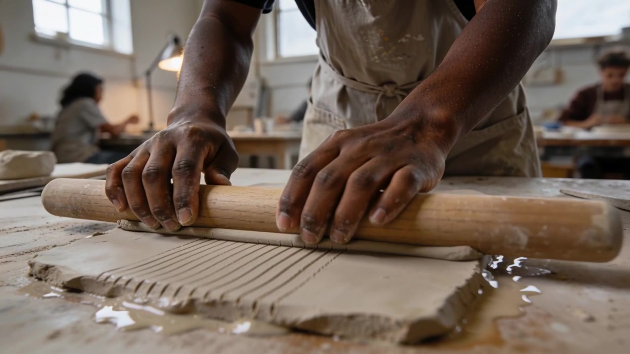 Potter in clay apron placing then rolling wooden pin across slab in studio, flattening scored lines
