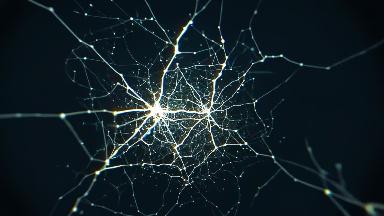 Emerging central node pulsing in void, radiating filaments and particles reconfiguring network