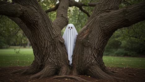 A Mysterious Ghostly Figure Hides Among the Twisted Branches of Ancient Trees in a Tranquil Outdoor Setting, Eliciting a Sense of Spooky Wonder and Intrigue