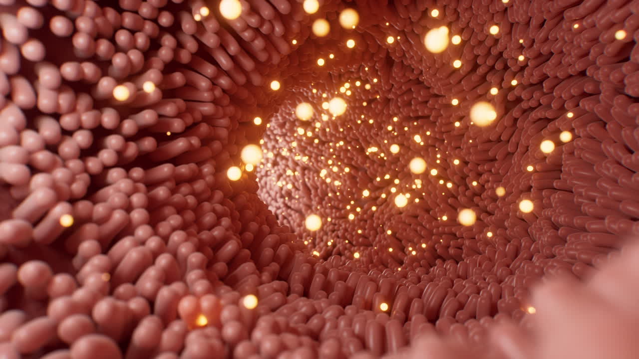 Canal intestinal carnoso revestido de vellosidades suaves, renderizado 3D