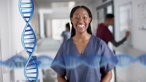 animation of dna strands over african american female doctor in hospital