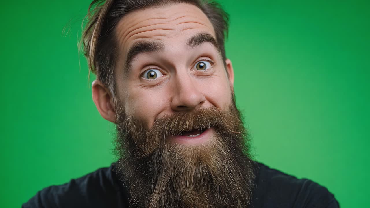 A joyful man with a large beard and bright eyes displays an infectious smile against a vibrant green backdrop, capturing the essence of happiness and positivity