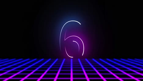 animation of glowing pink and blue numbers counting down to new year from 10 to 0, on black