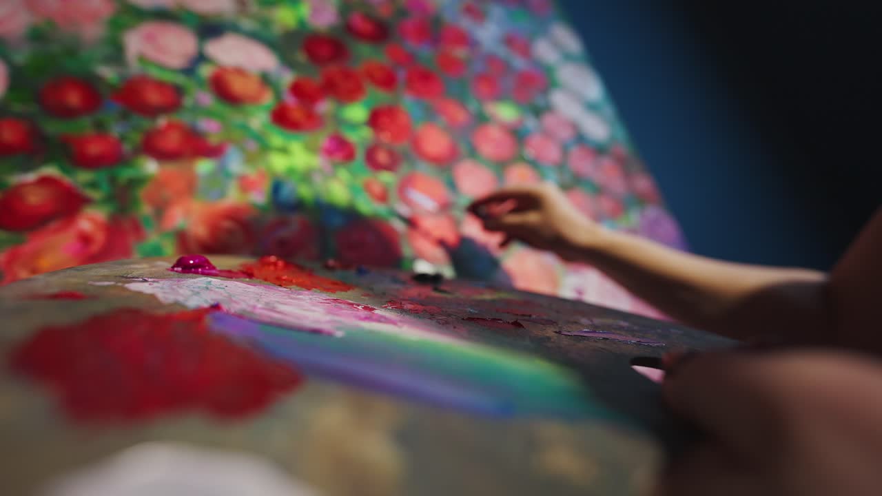 Artist's Hand Painting Vibrant Floral Artwork on Canvas