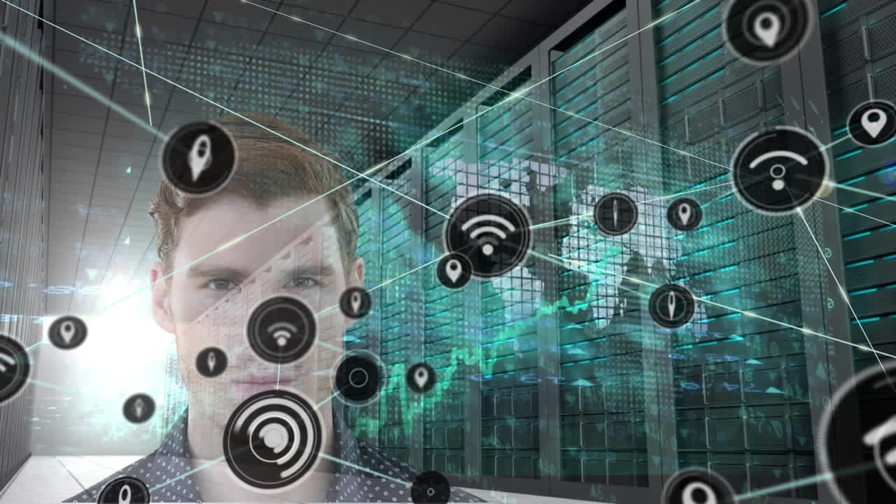 Animation of network of connections with icons and caucasian businessman over server room