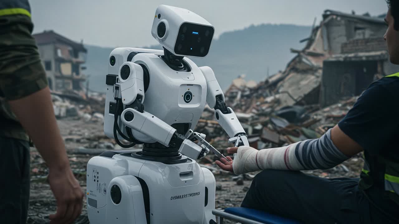 A humanoid robot assists a wounded individual in a disaster scene, showcasing advanced technology and humanitarian efforts in a post-catastrophe environment