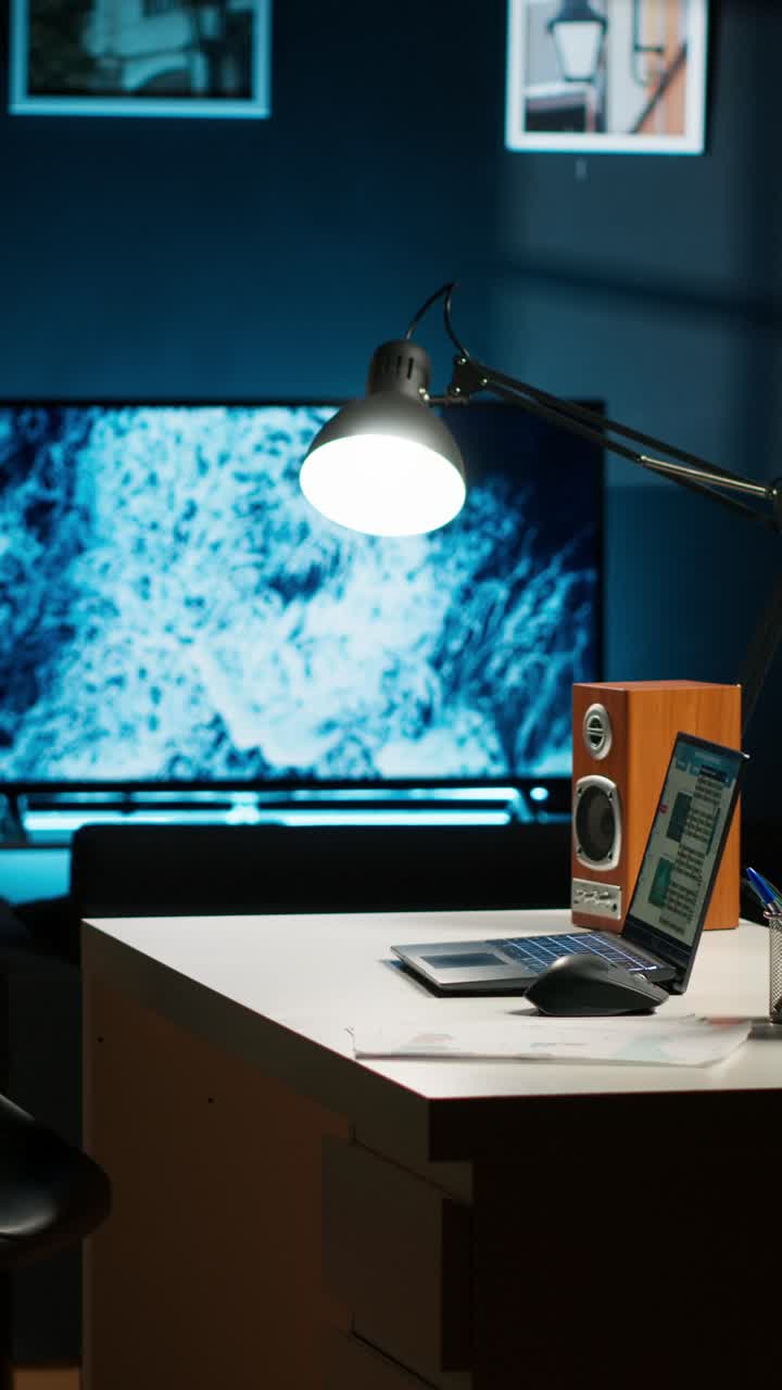 Desk setup with laptop, lamp, and speakers
