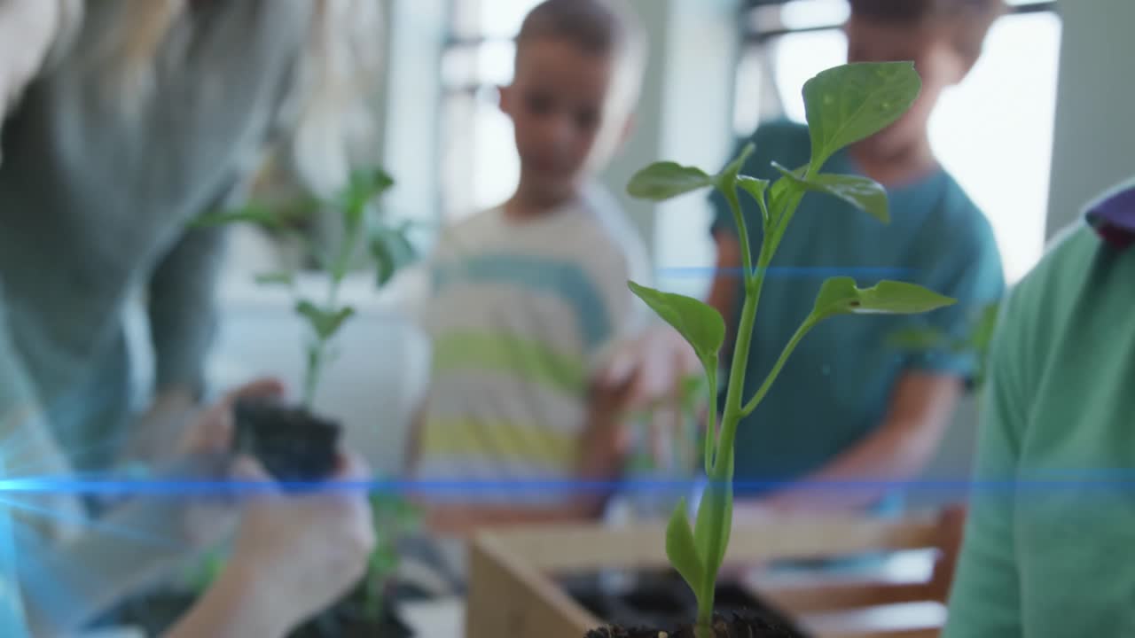 Animation of light trails over diverse schoolchildren and teacher holding plants
