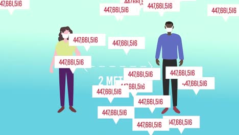 animation of two people and a double arrow between them over speech bubble with rising numbers float