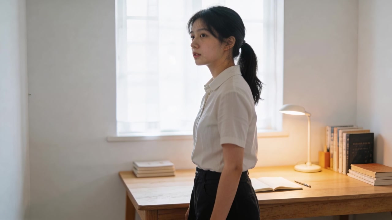 창밖 움직임을 알아채고 흰 셔츠를 입은 여성이 노트북과 램프가 있는 서재에서 고개를 돌리는 모습.