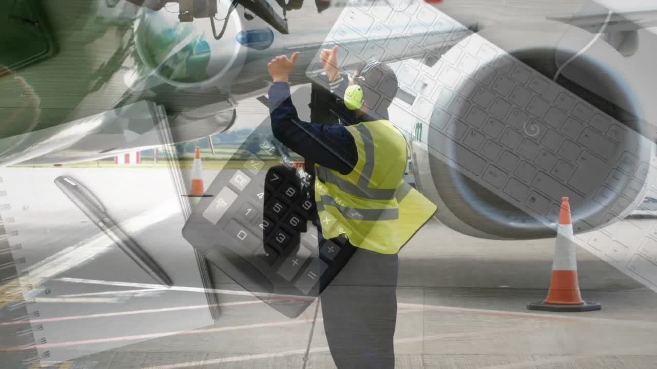 계산기, 커피 컵, 키보드 앞에서 일하는 남성 공항 노동자