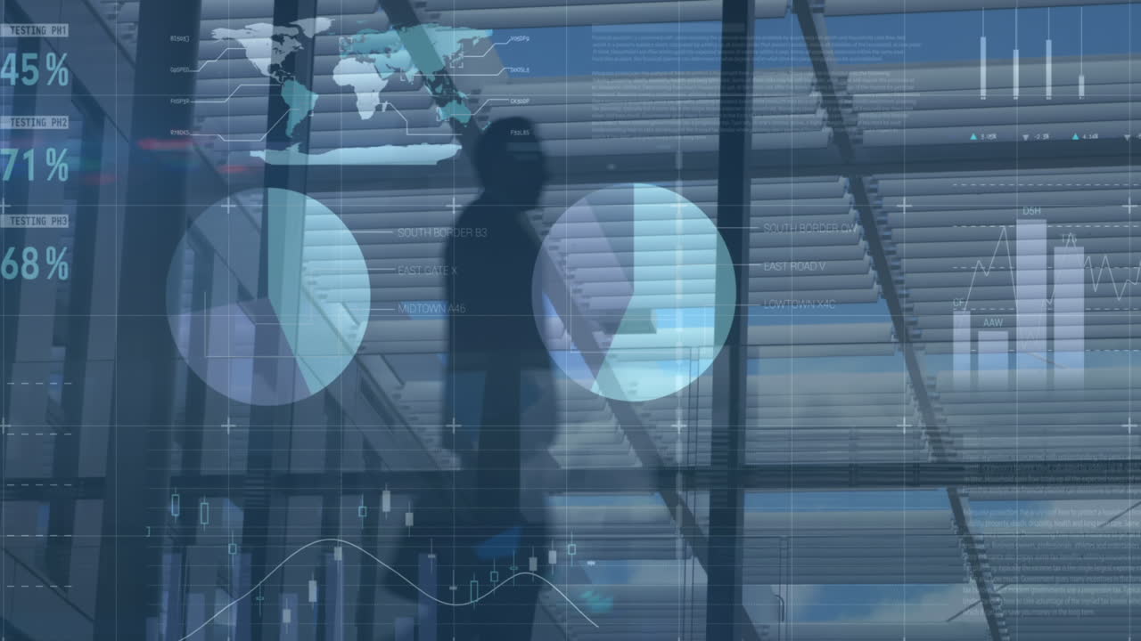 현대 사무실에서 걸어다니는 다양한 사업가들에 대한 금융 데이터 처리 애니메이션