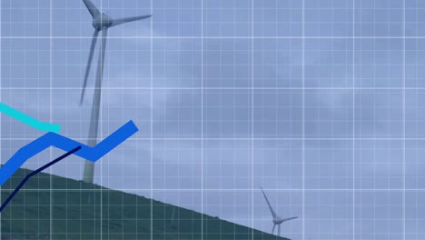 animation of statistical data processing against spinning windmills on grassland