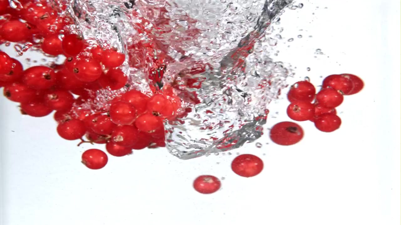 Frische rote Johannisbeeren spritzen in Zeitlupe in klares Wasser