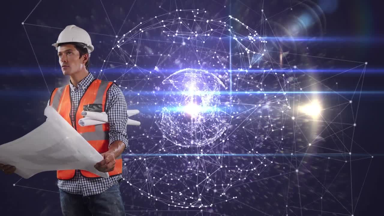 animación de la red de conexiones sobre trabajador masculino caucásico con esquema