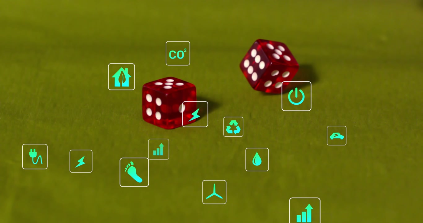 Animation of ecology icons over hand with dices