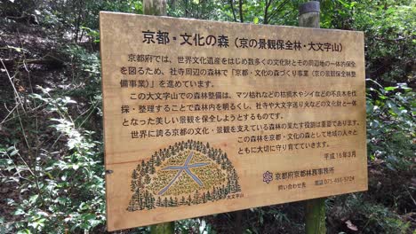 wooden sign in kanji japanese, warning of fire in forest daimonji mountain