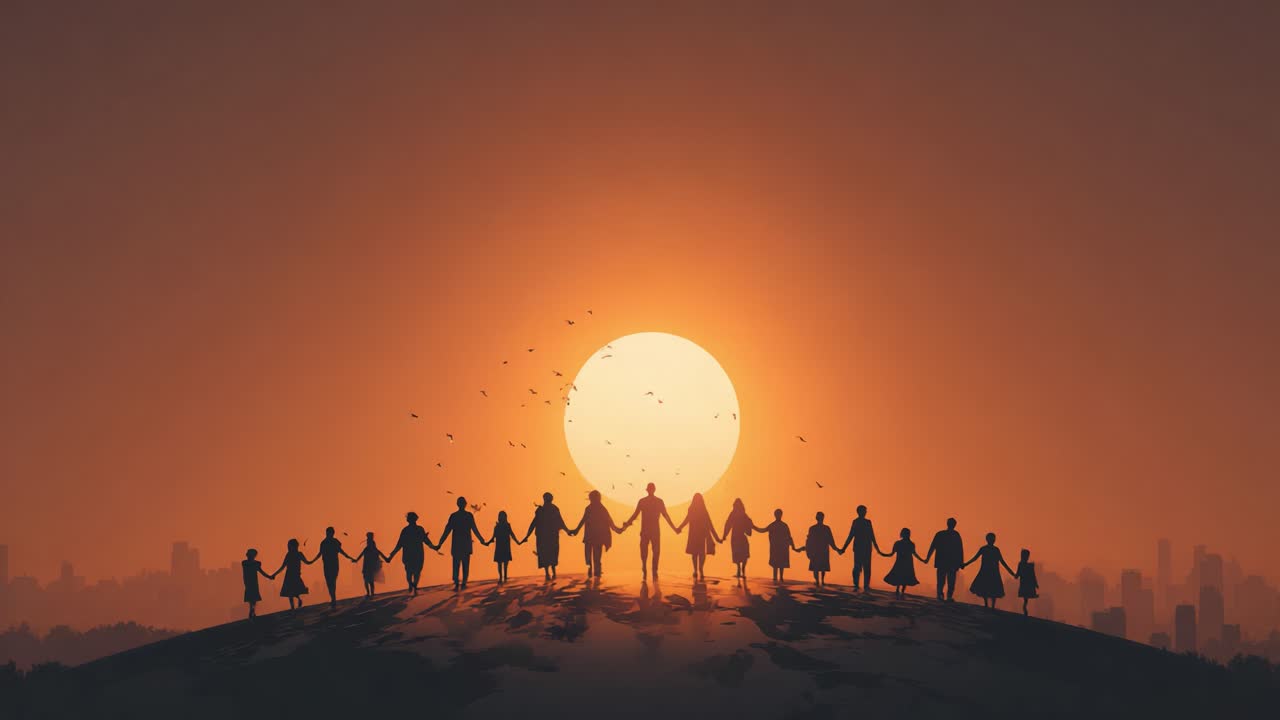 A Diverse Group United Against a Vibrant Sunset, Holding Hands in Harmony and Solidarity, Symbolizing Hope for a Brighter Tomorrow
