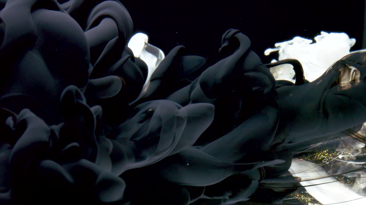 Luxurious Pale Gold, White and Black ink clouds swirl, Abstract macro liquid art