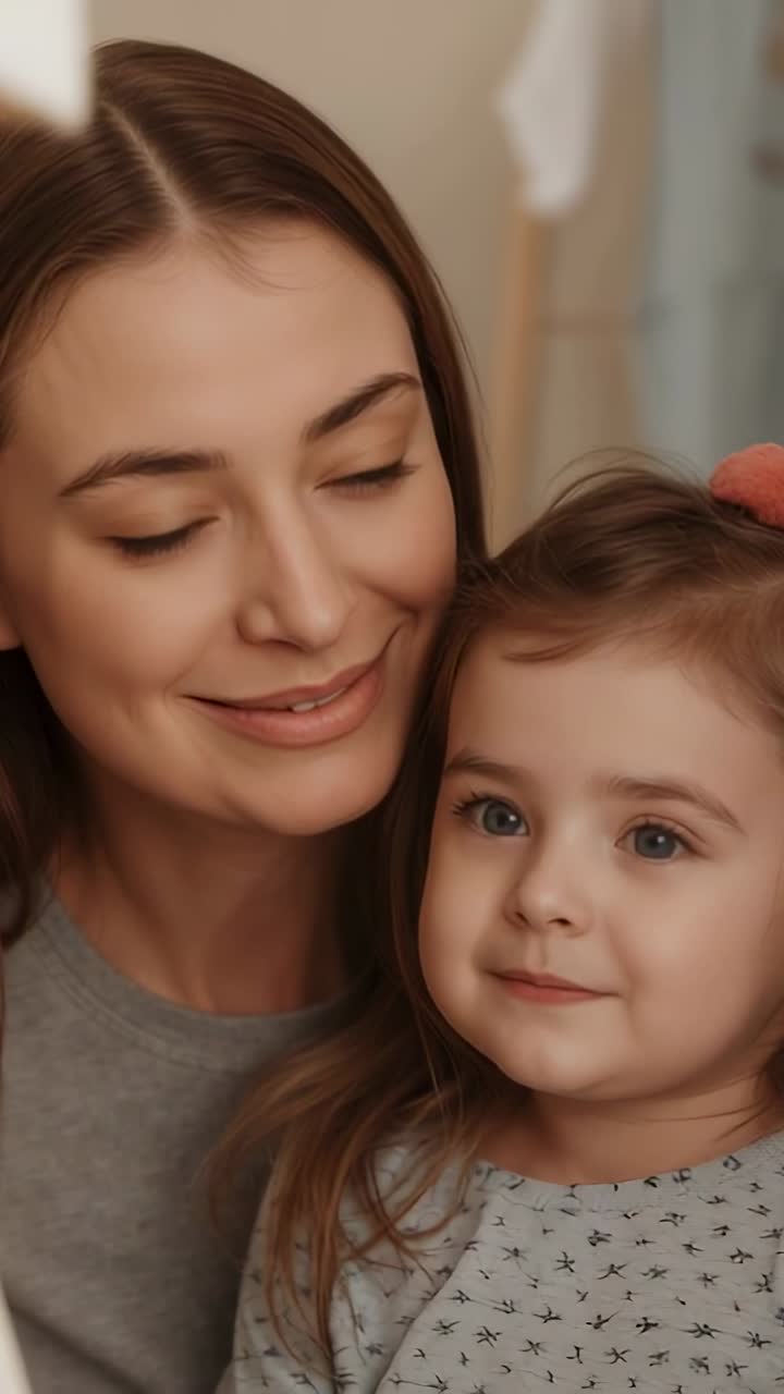 Video verticale: mamma sorridente in maglietta grigia e figlia che interagiscono con lo sguardo davanti alla videocamera domestica all'inizio della clip