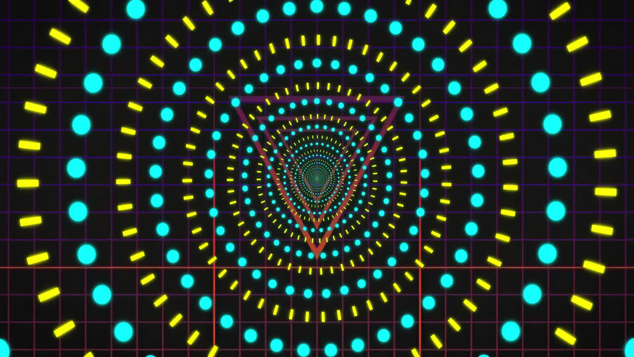 Neon geometric tunnel animating in flat design, with cyan dots, yellow bars, magenta wireframes