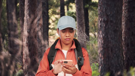 woman, hiking or phone with network problem