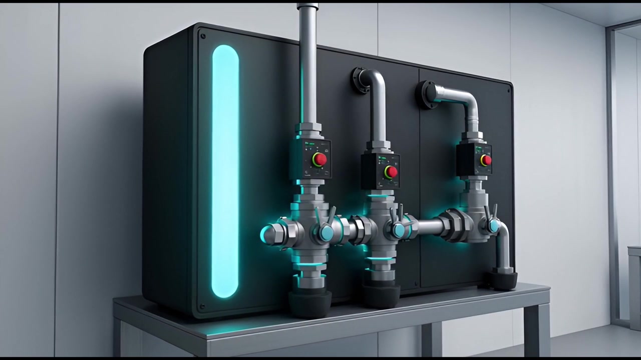 Macchina industriale high-tech con luce blu pulsante e valvole di controllo