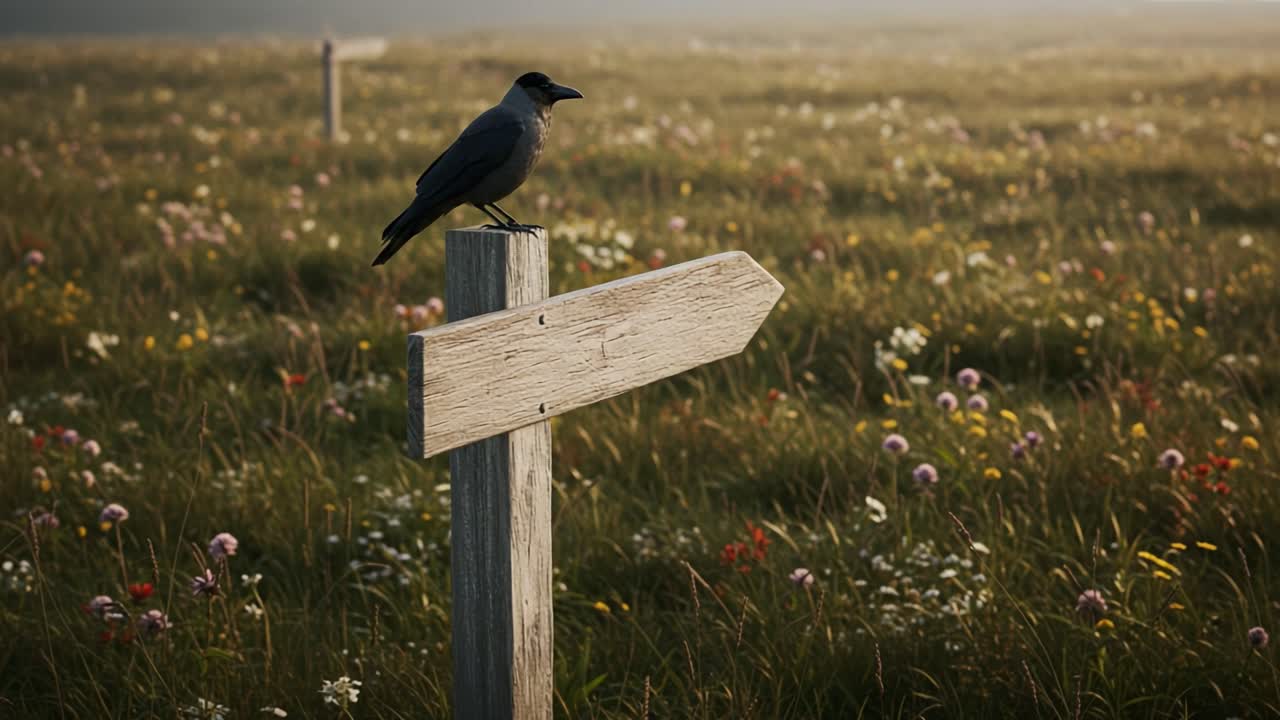 Un Corvo Solitario Appollaiato su un Cartello di Legno Stagionato su uno Sfondo di Vivaci Fiori Selvatici in un Prato Sereno, Catturando la Tranquillità della Natura nella Luce del Primo Mattino