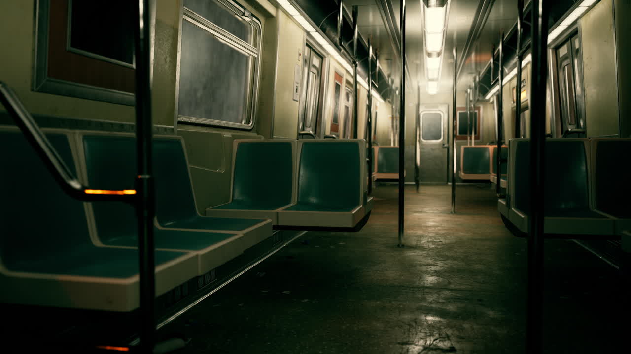 Vagone della metropolitana scarsamente illuminato con sedili vuoti