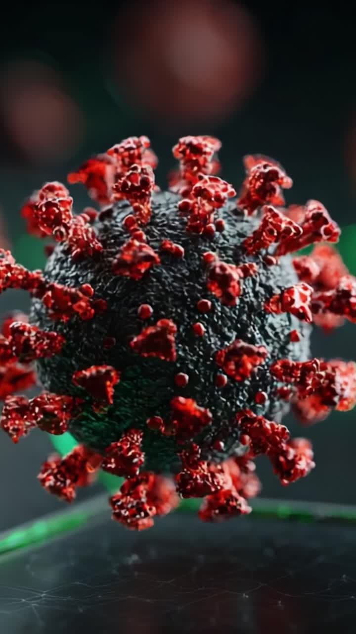 Vista dettagliata di un virus: straordinario rendering in 3D che mostra la struttura complessa e le proteine spike di una particella virale con illuminazione avanzata