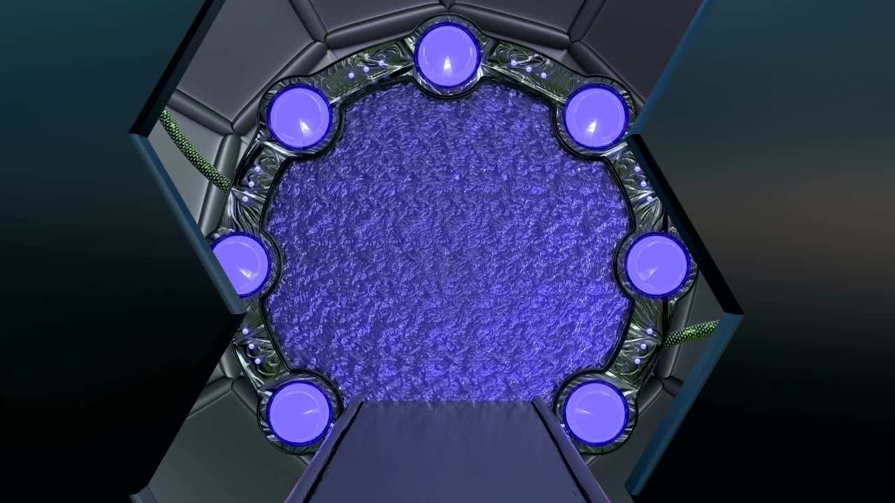 la escotilla de hierro abre una vista panorámica a la escena del paisaje de la nave espacial. fondo abstracto 3d de corredor de ciencia ficción con portal. tecnología futurista abstracto vj para títulos tecnológicos y fondo.