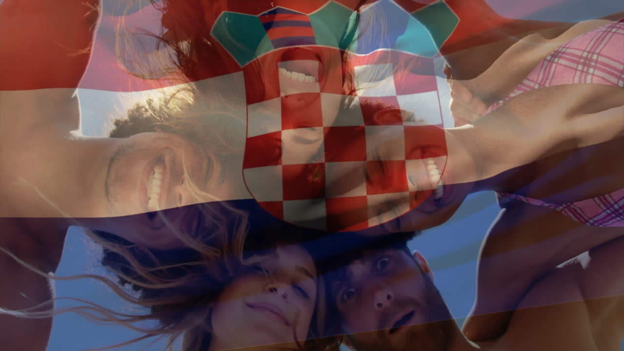 Smiling friends at beach with Croatian flag overlay, enjoying summer animation