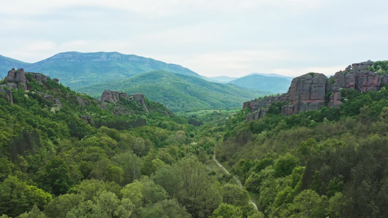 bosques búlgaros colinas y montañas, paisaje rocoso de belogradchik disparado por un dron