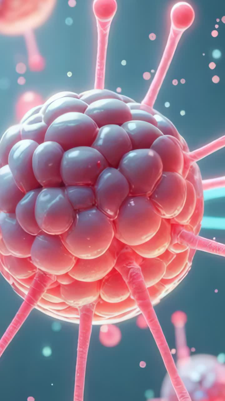 Vertical video: Drifting pink-hued nanoparticle rotating revealing facets against teal, amid flecks