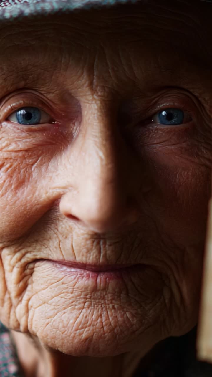 Captivating Close-Up of an Elderly Woman's Face, Showcasing Her Expressive Eyes and Deeply Wrinkled Skin, Reflecting a Lifetime of Stories and Emotions